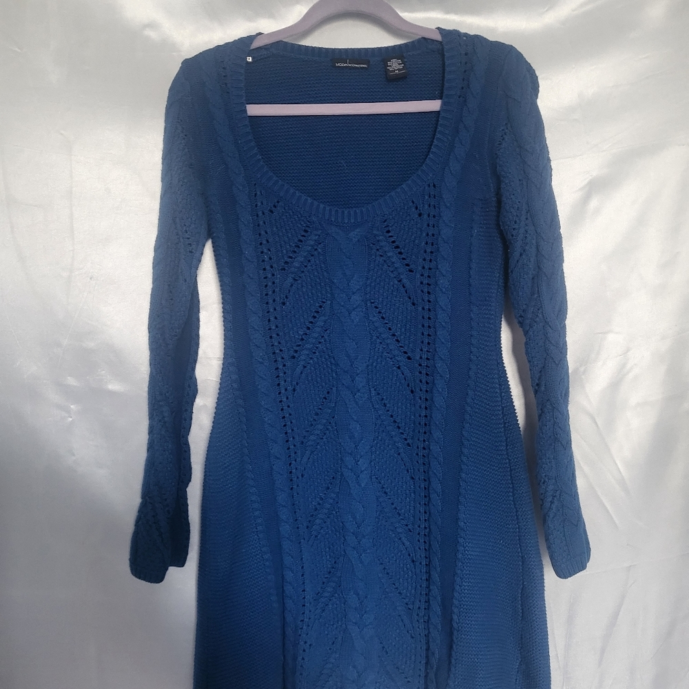 Blue Scoop Neck Cable Knit Sweater Dress